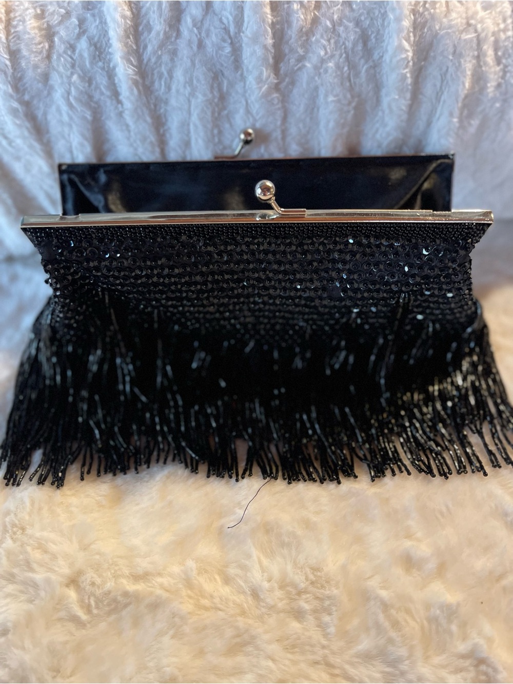 Black Beaded Fringe Evening Clutch